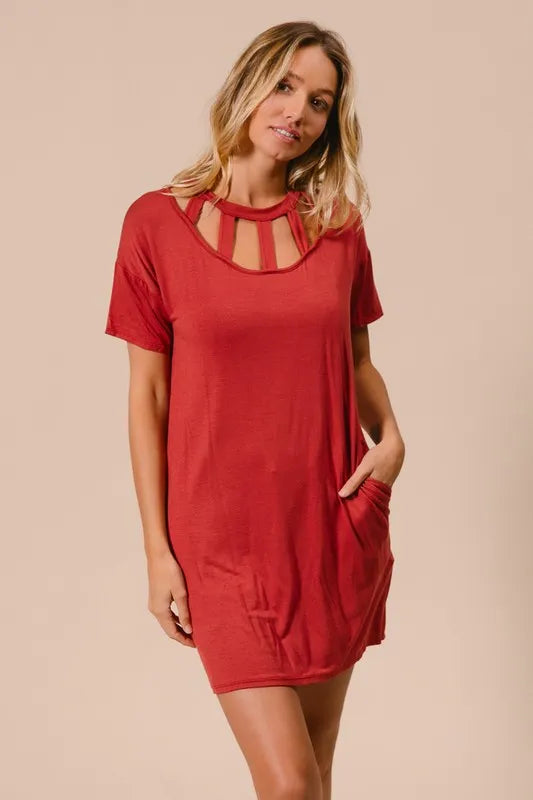 BiBi Front Cutout Mini Tee Dress with Pockets OutfitFlow