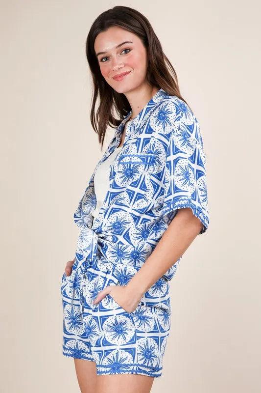 VERY J Full Size Tropical Printed Shirt Top and Shorts Set Plus Size OutfitFlow