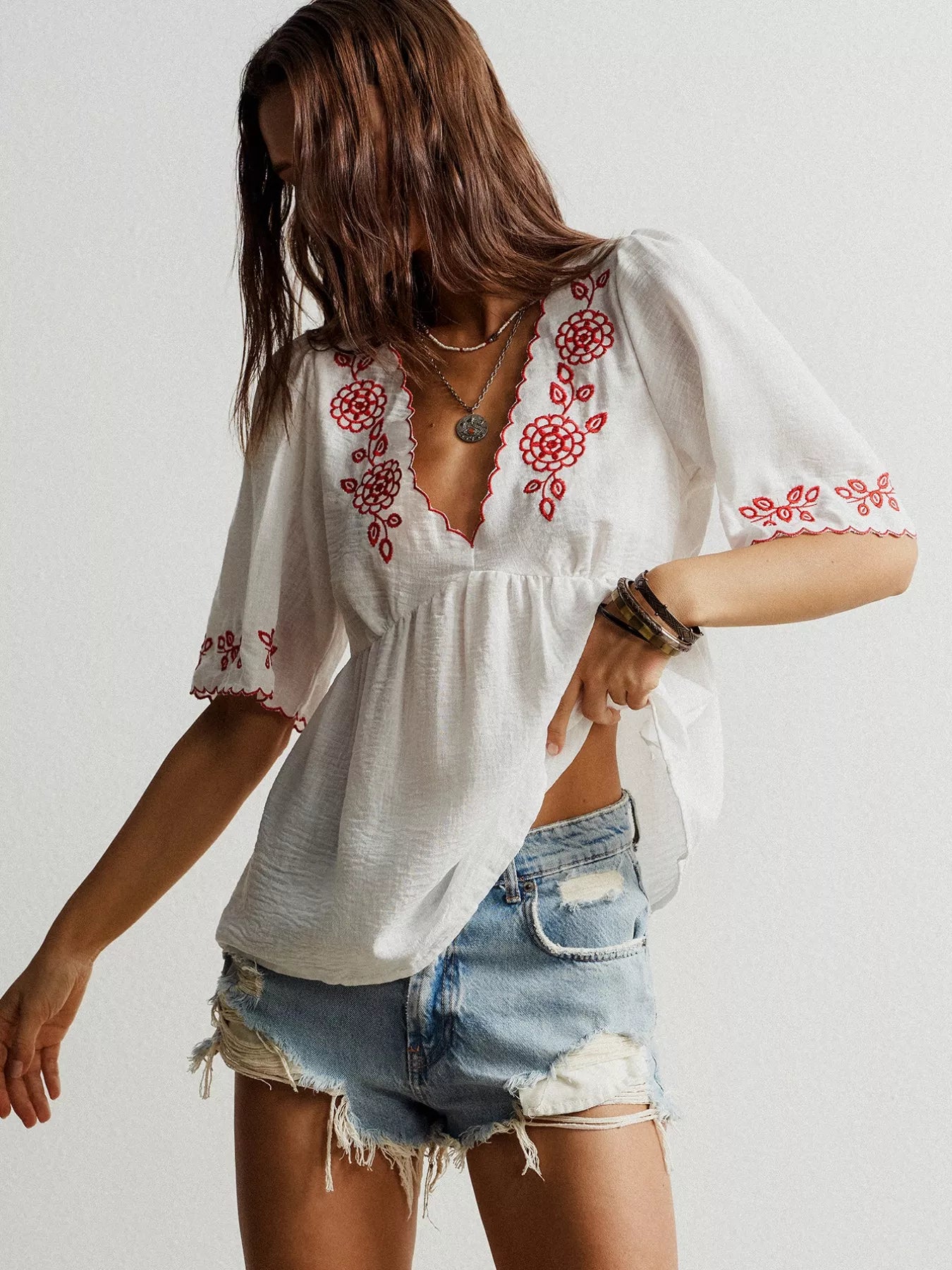Embroidered Floral V-Neck Blouse OutfitFlow