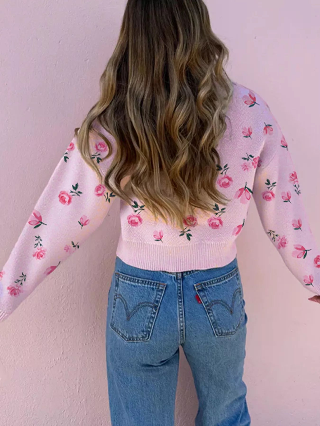 Floral Drop Shoulder Cropped Sweater OutfitFlow