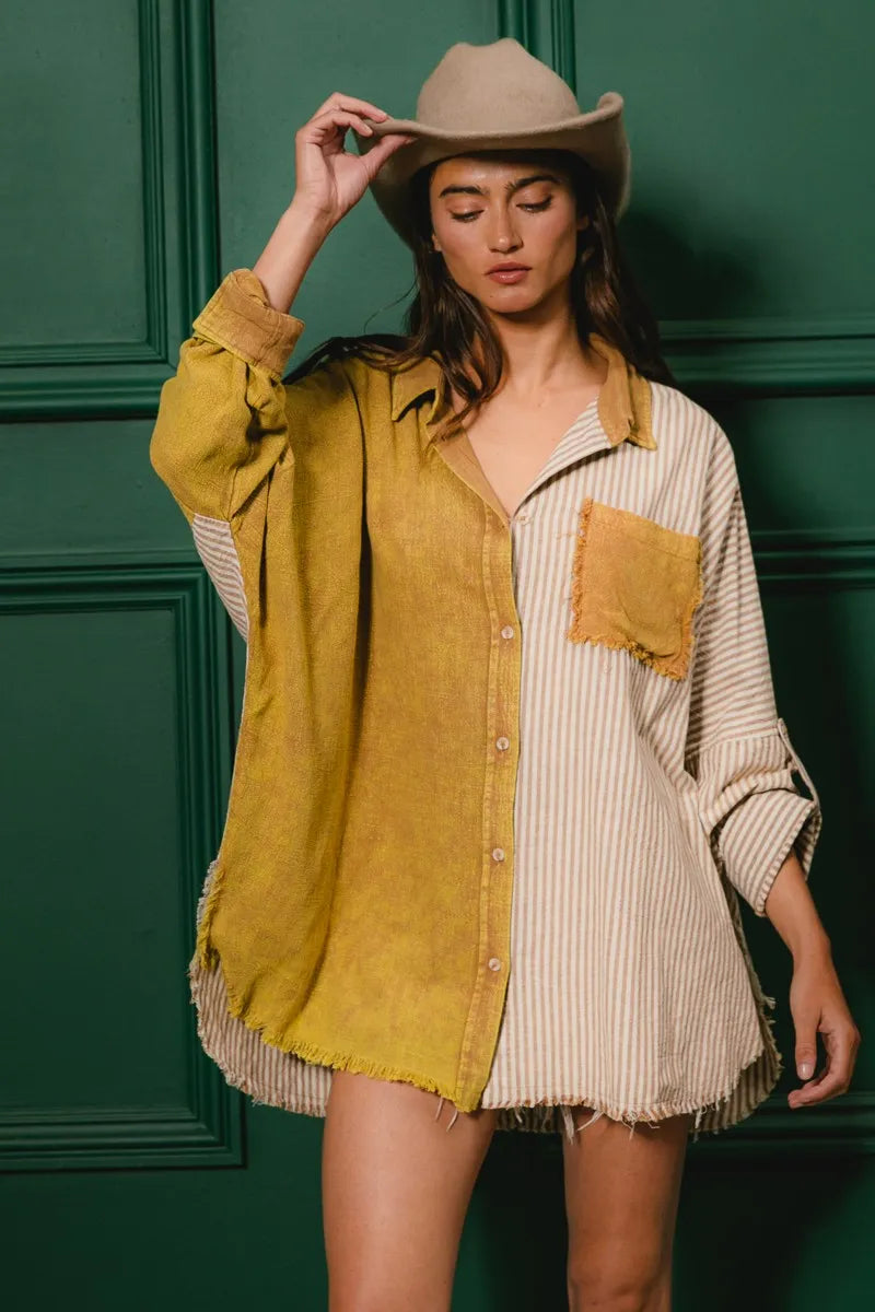 BiBi Washed Raw Hem Shirt TAUPE OutfitFlow
