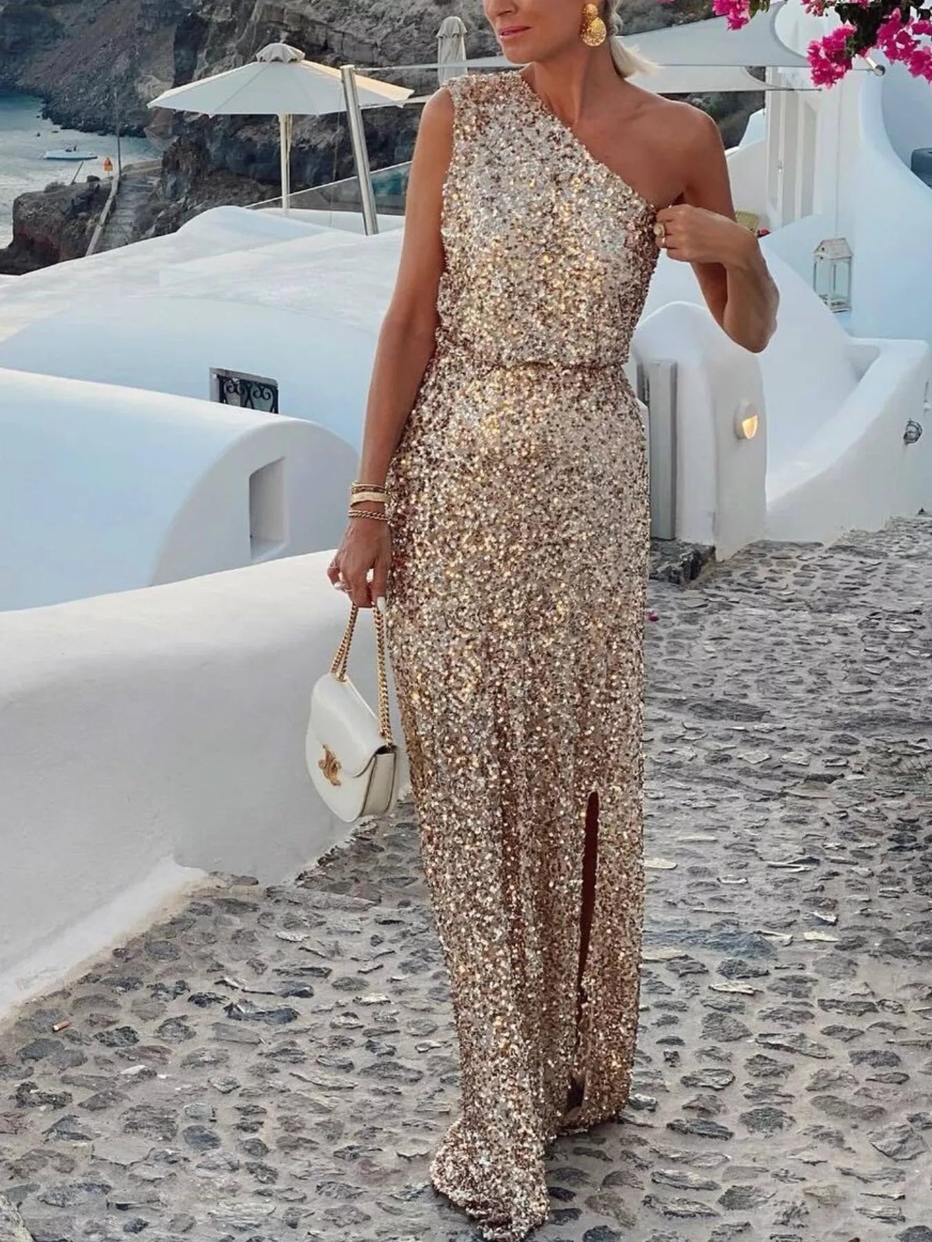 Sequin One-Shoulder Slit Maxi Dress OutfitFlow