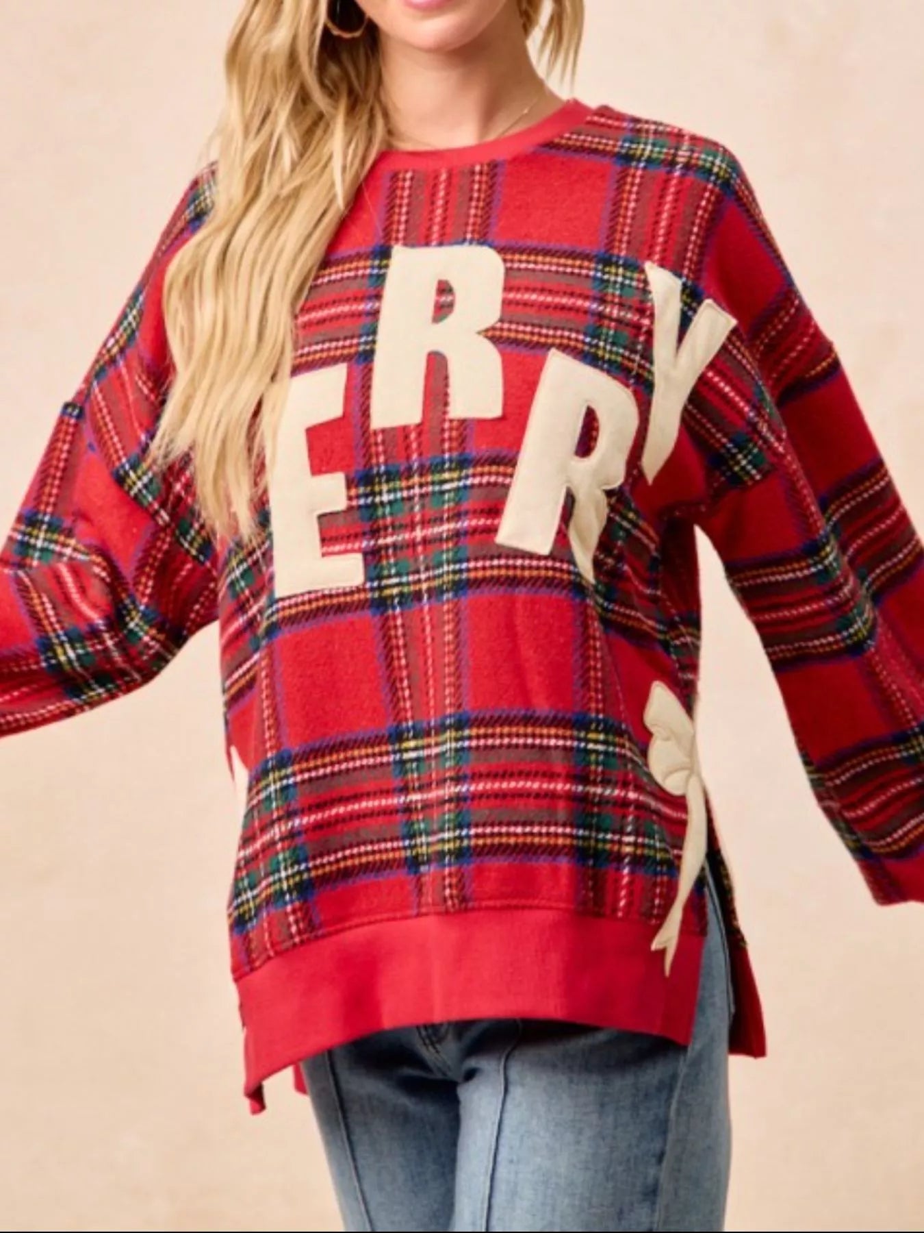 MERRY Bow Slit Crew Neck Christmas Sweatshirt OutfitFlow