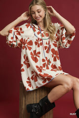 Umgee Two Tone Floral Tie-Neck Babydoll Dress Rust OutfitFlow