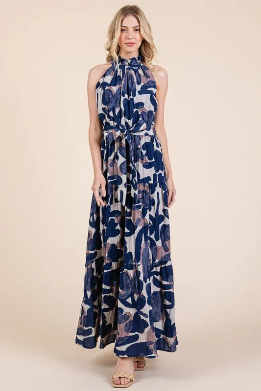 Lime 'N' Chili Abstract Halter Neck Tie-Waist Tiered Maxi Dress OutfitFlow
