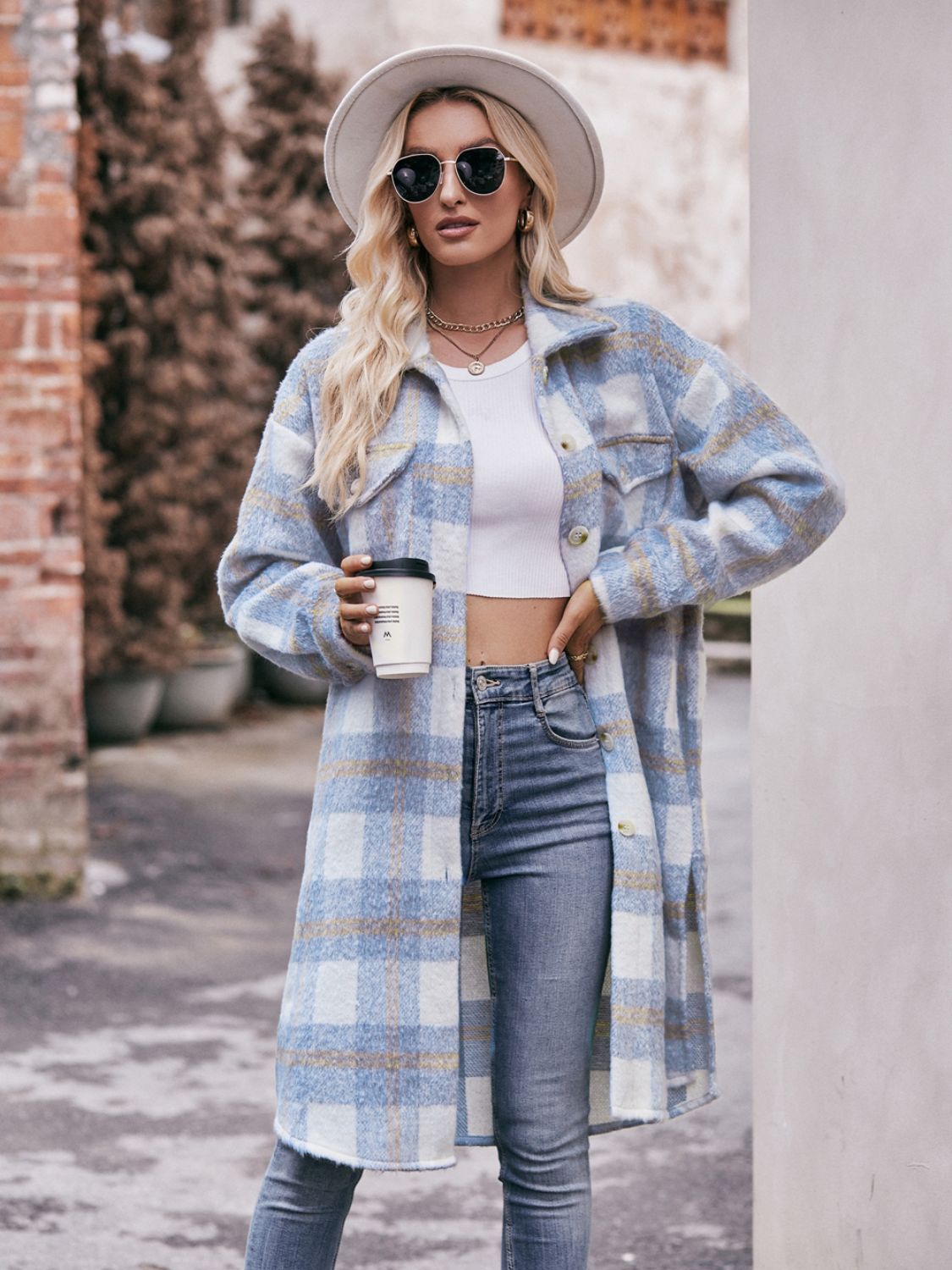 Mandy Plaid Dropped Shoulder Slit Coat Trendsi