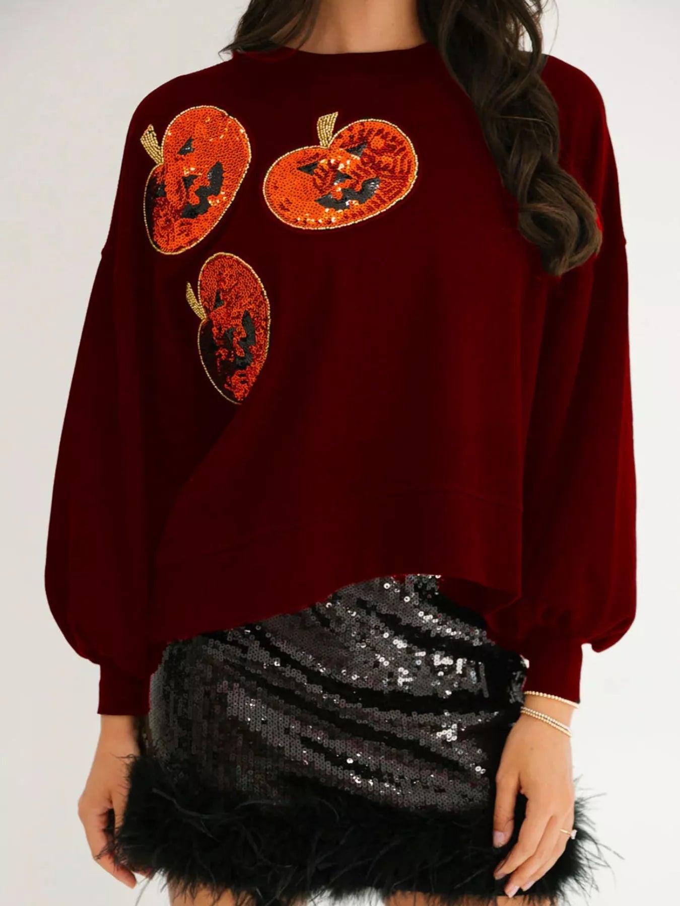 Halloween Pumpkin Round Neck Sweatshirt Red OutfitFlow