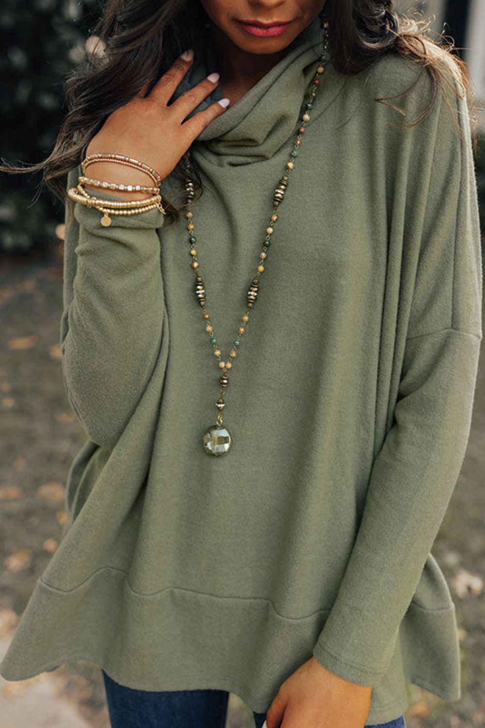 Outfit Flow - Side Slit High-Low Cowl Neck Long Sleeve Blouse