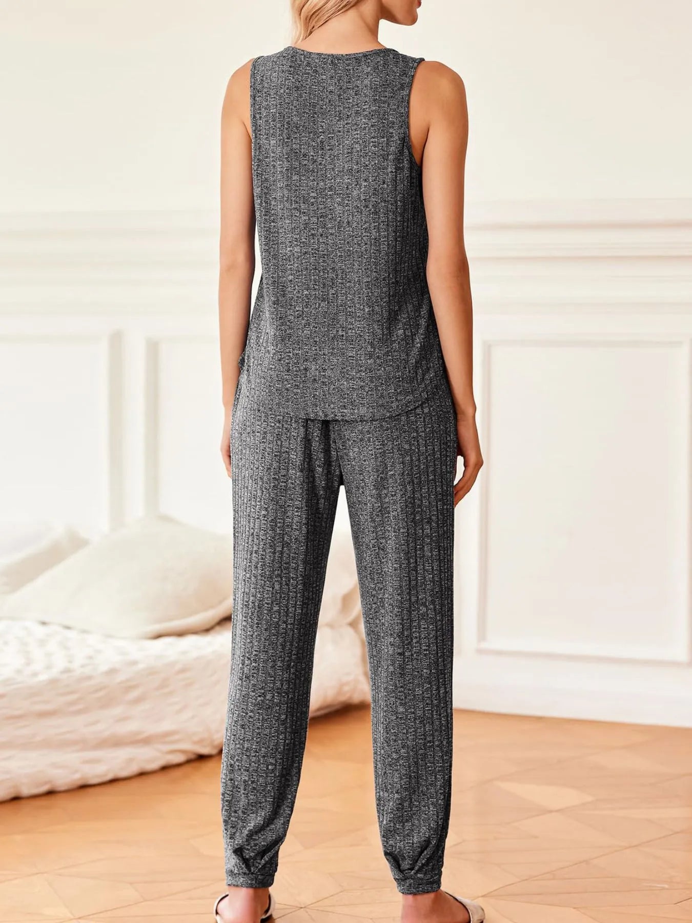 Ribbed Knit V-Neck Tank and Pants Lounge Set OutfitFlow