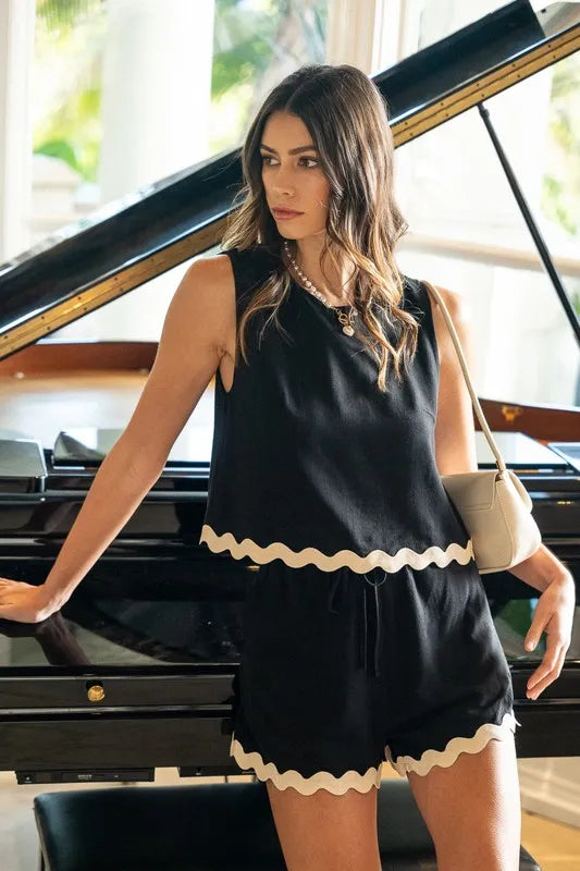 Annie Wear Ric Rac Trim Detailed Top & Shorts Set BLACK OutfitFlow