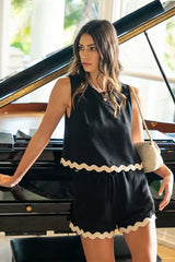 Annie Wear Ric Rac Trim Detailed Top & Shorts Set BLACK OutfitFlow