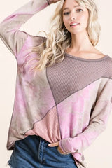 BiBi Thermal Waffle Color Block Top with Tie Dye TAUPE BLUSH OutfitFlow