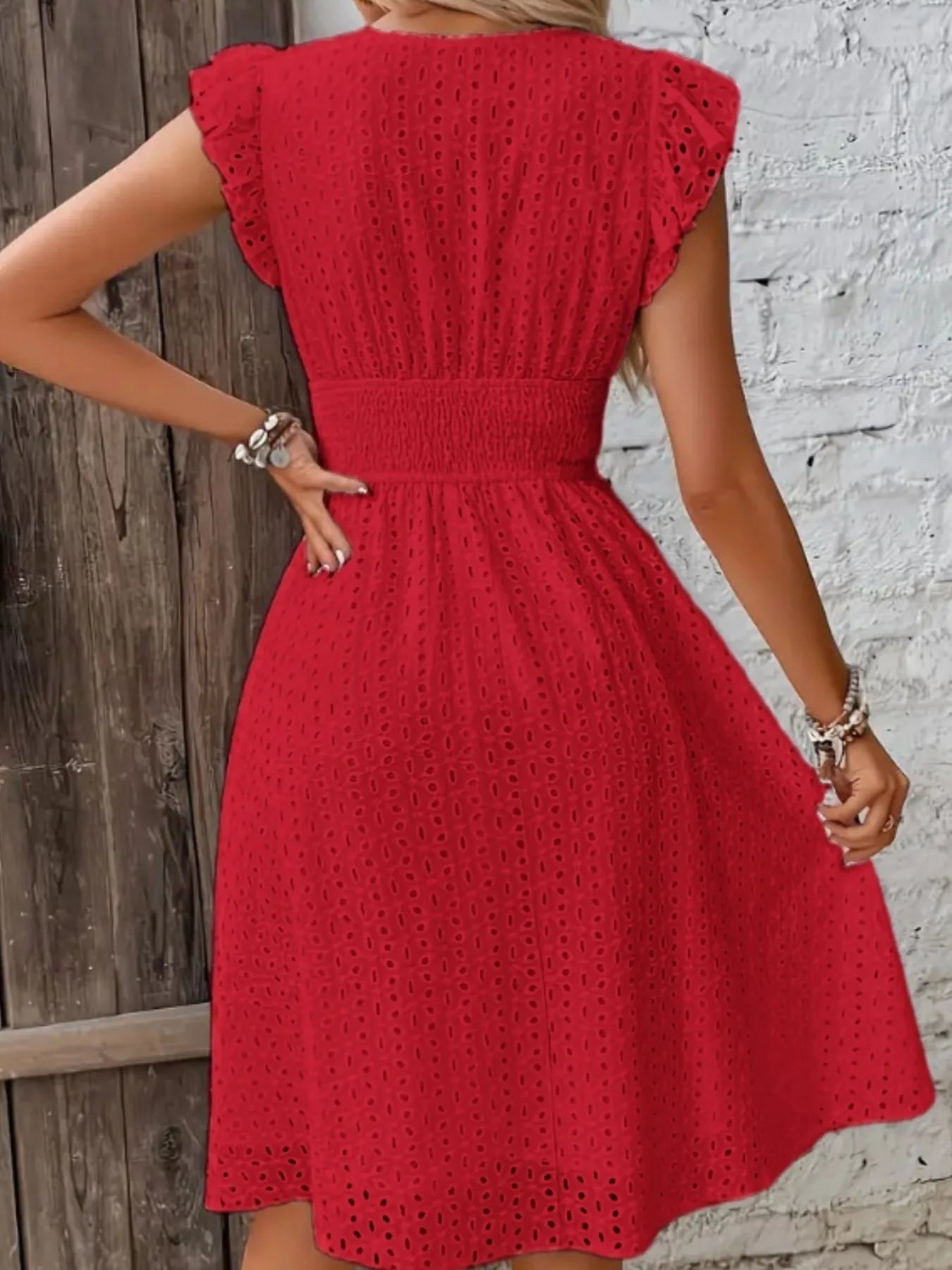 Eyelet Ruffled Cap Sleeve Mini Dress OutfitFlow