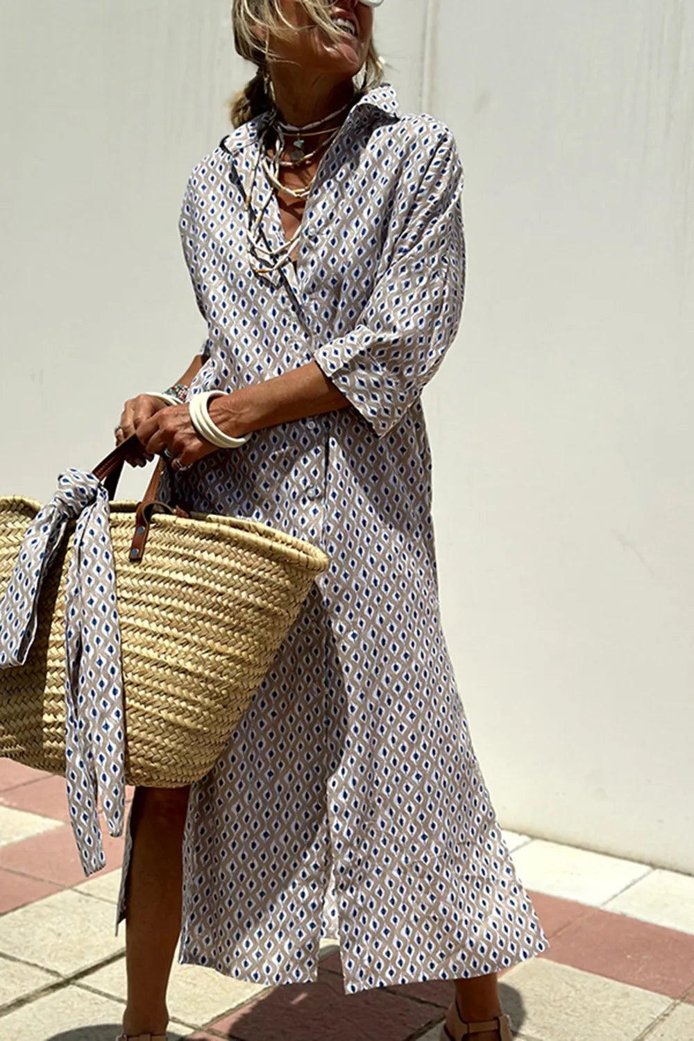 Tied Button Up Three-Quarter Sleeve Dress OutfitFlow
