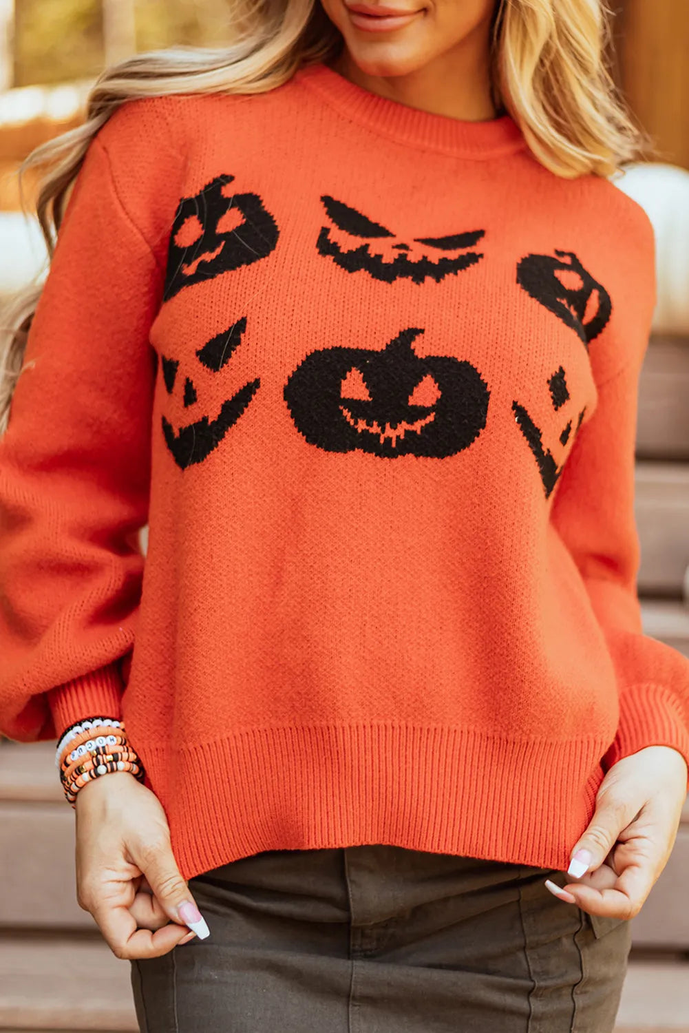 Pumpkin Pattern Round Neck Sweater Orange OutfitFlow
