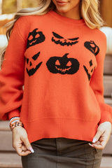 Pumpkin Pattern Round Neck Sweater Orange OutfitFlow