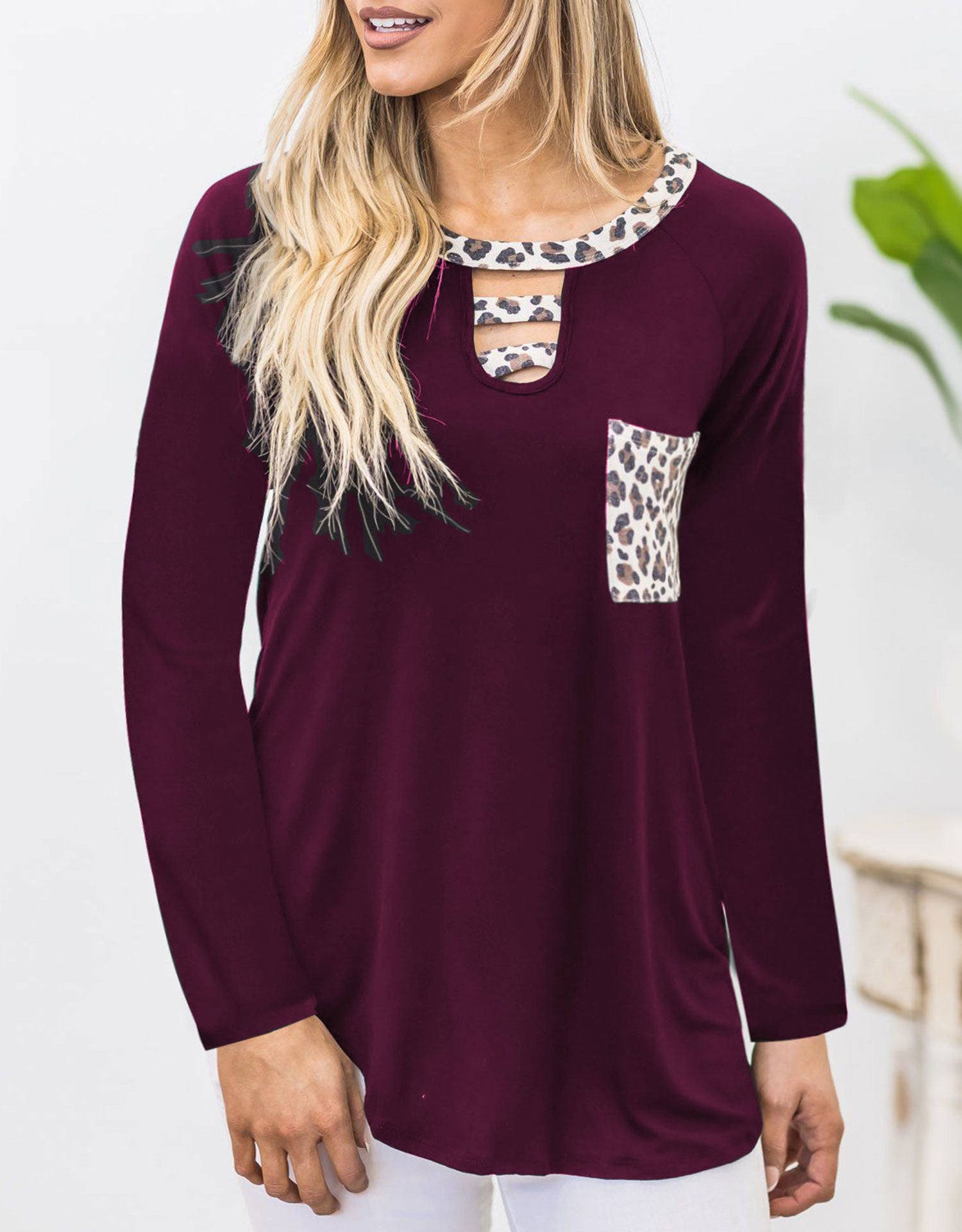 Outfit Flow - Cutout Leopard Round Neck Long Sleeve T-Shirt