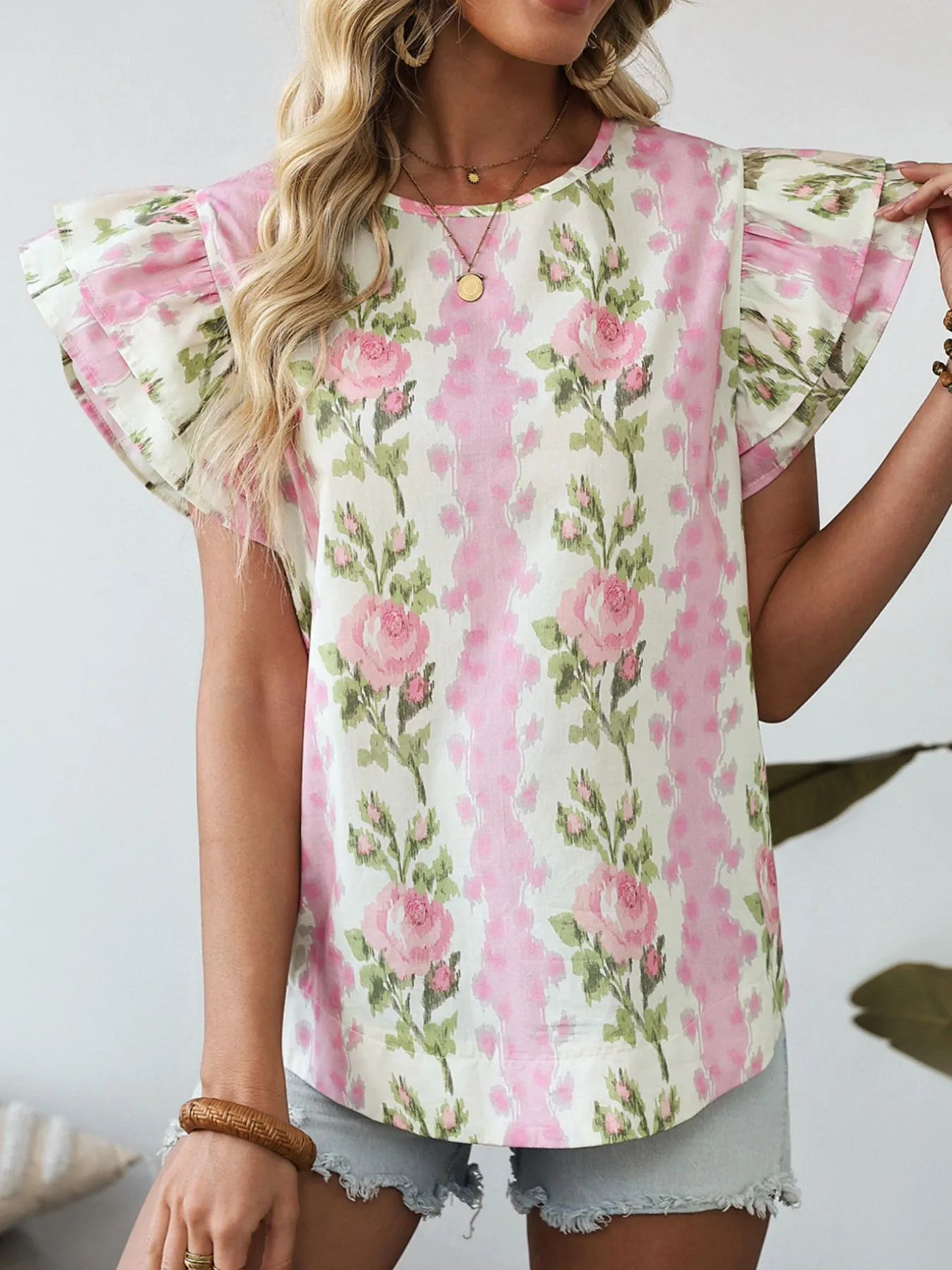 Floral Print Ruffled Sleeve Blouse OutfitFlow