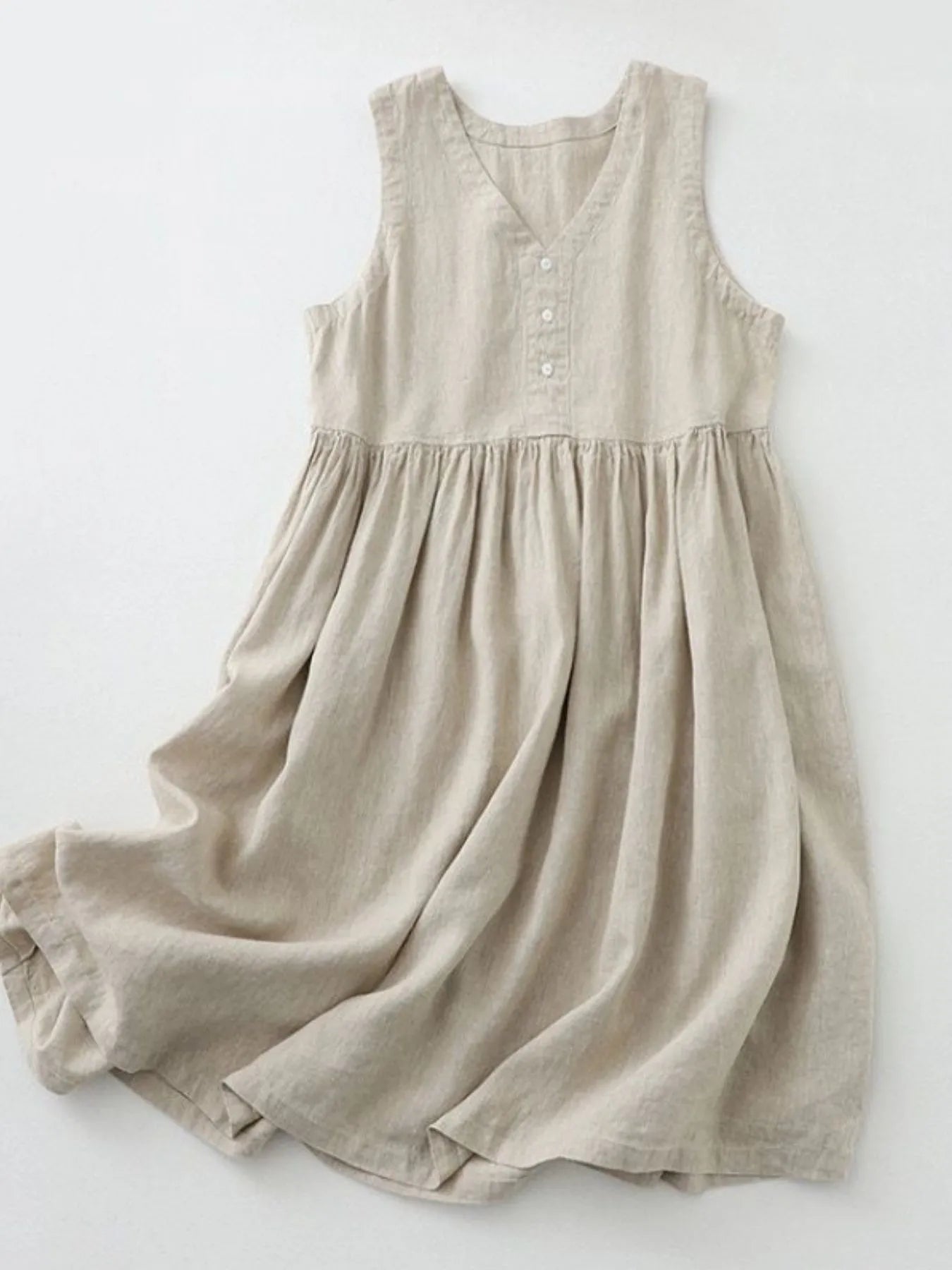 V-Neck Button Detail Sleeveless Midi Dress Beige OutfitFlow