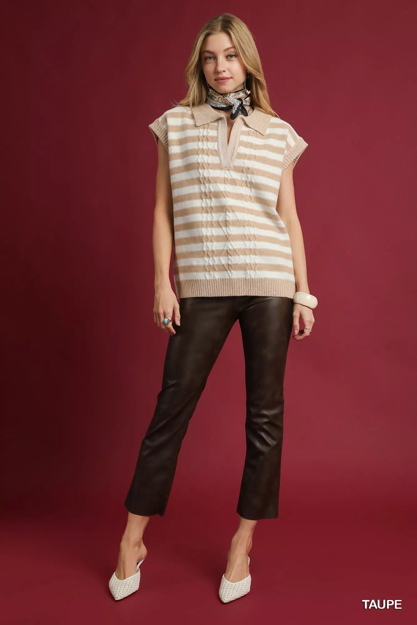 Umgee Cable Knit Collared Striped Vest Sweater OutfitFlow