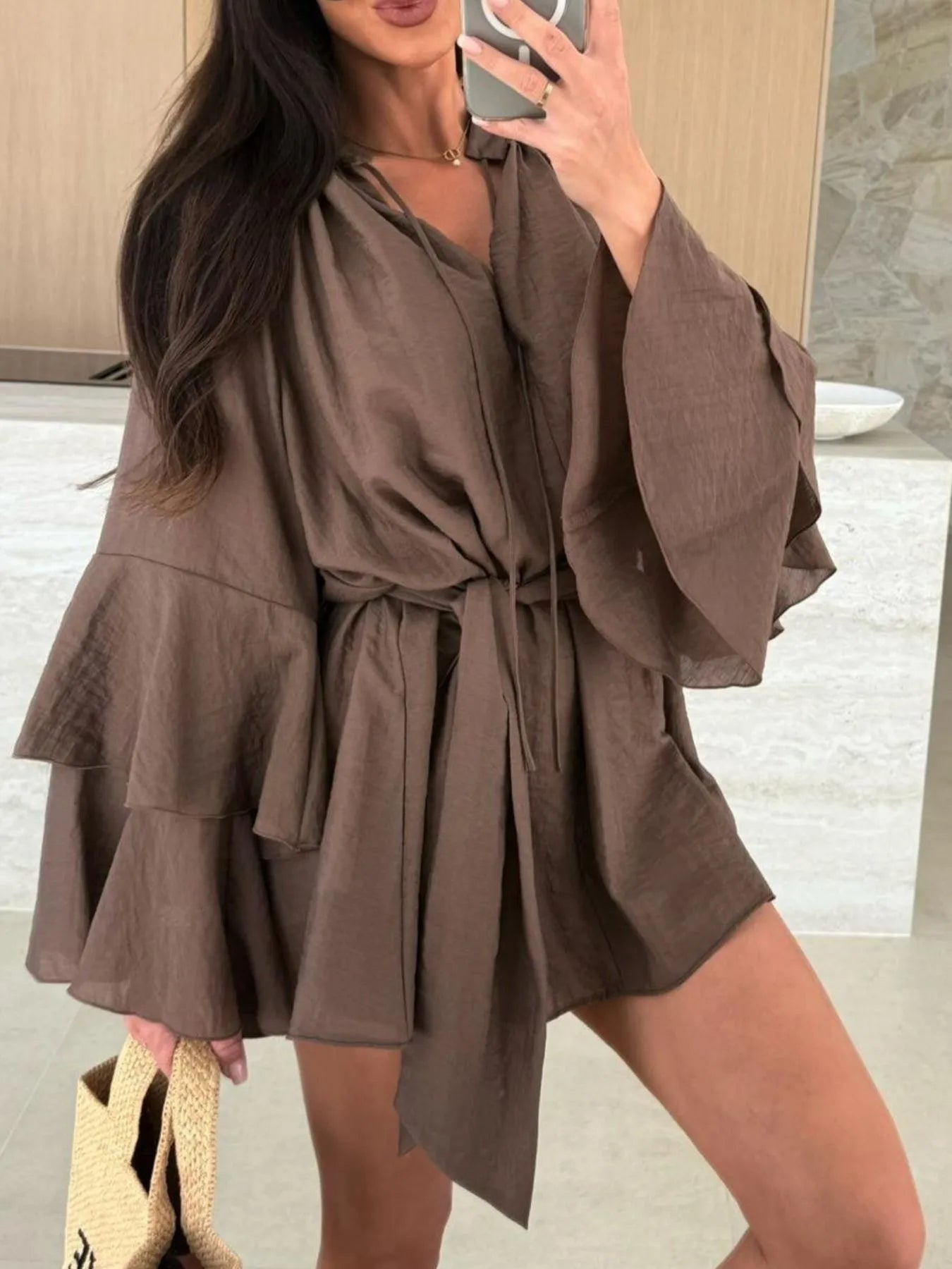 Bell Sleeve Tie Waist Mini Shirt Dress OutfitFlow