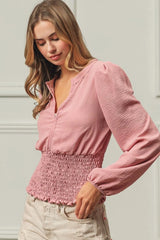 BiBi Smoking Waist Band and Puff Sleeves Deep V Neck Top DUSTY ROSE OutfitFlow