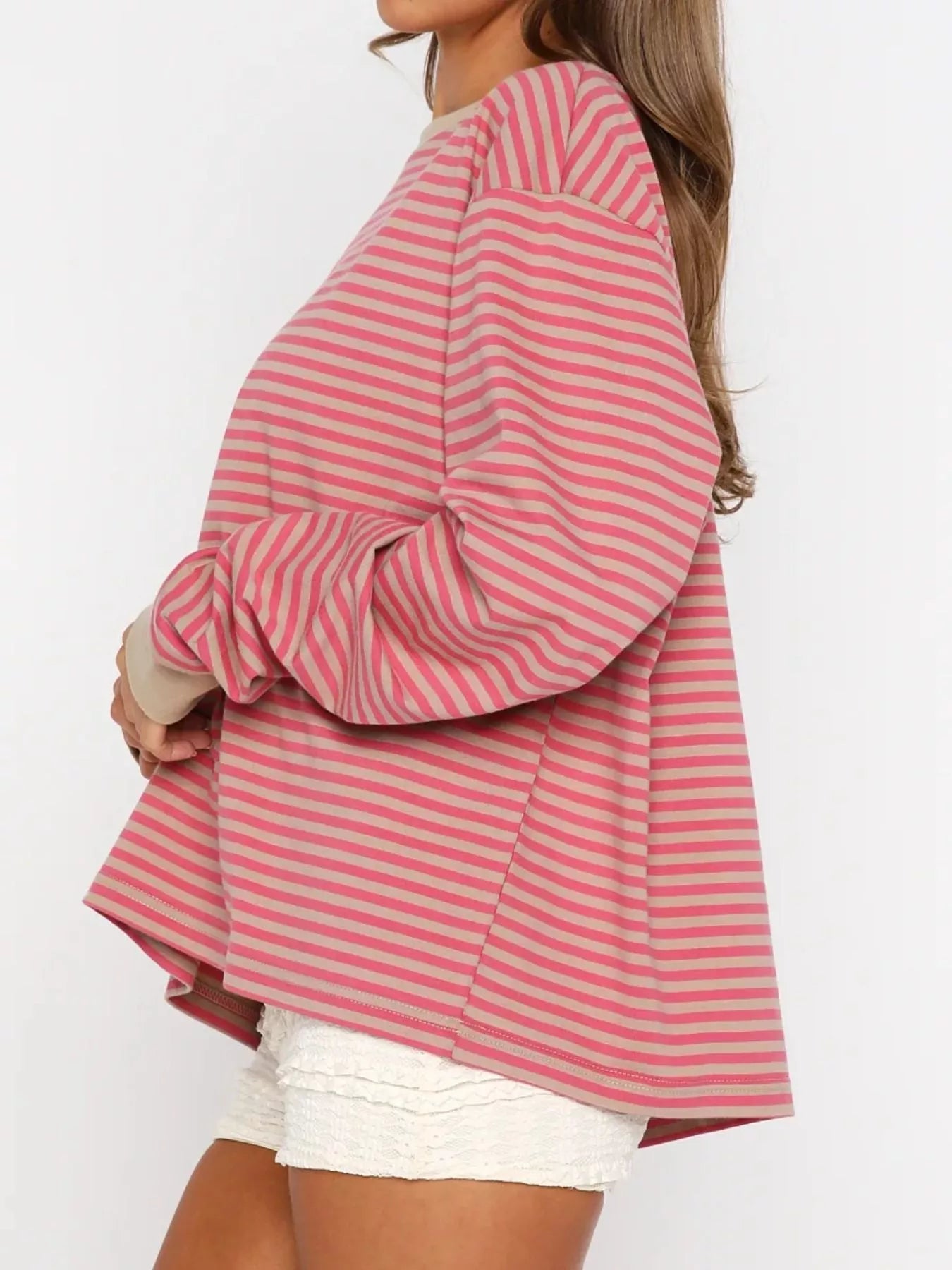 Striped Oversized Round Neck Sweatshirt OutfitFlow