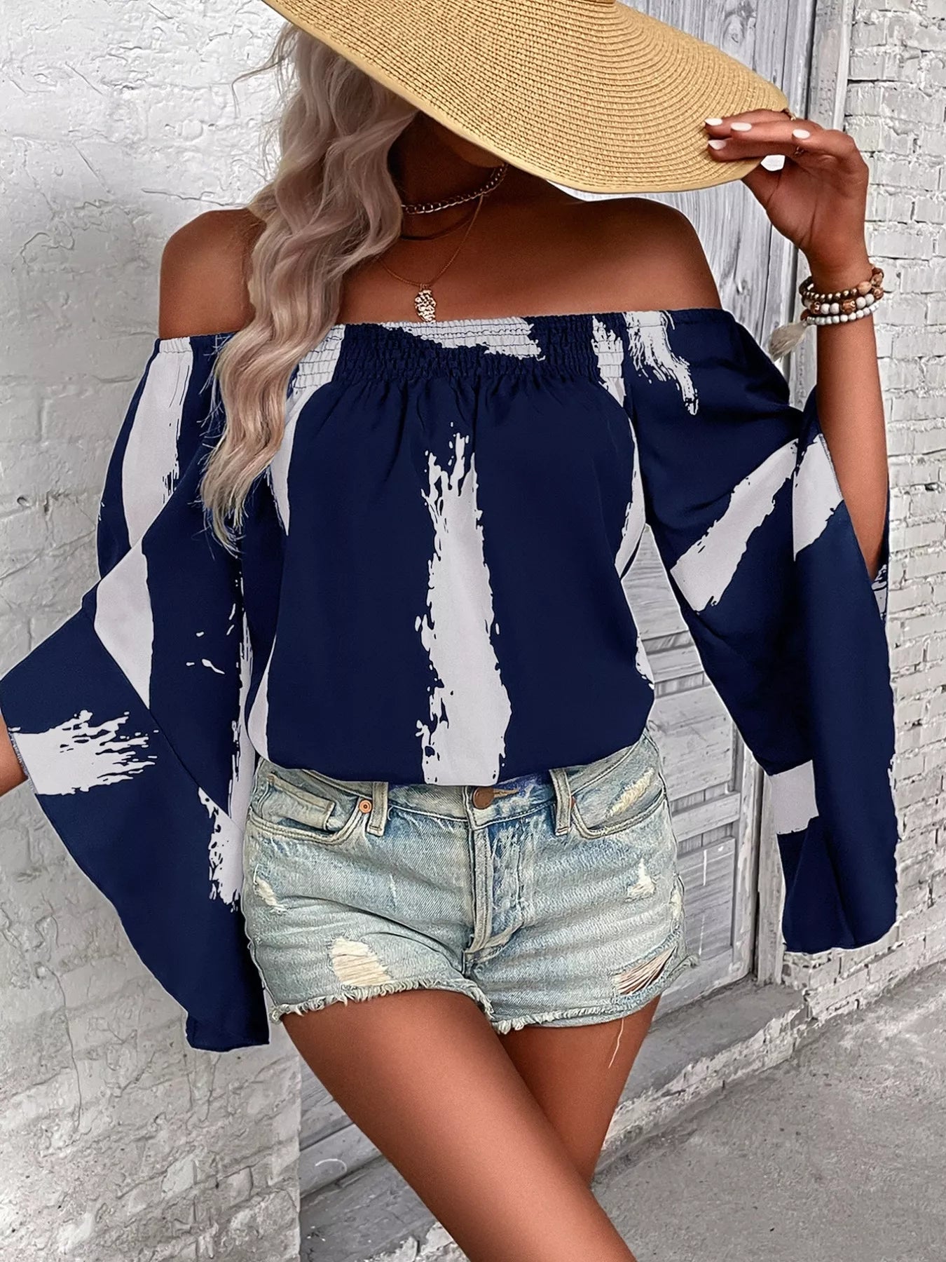 Off Shoulder Bell Sleeve Blouse OutfitFlow