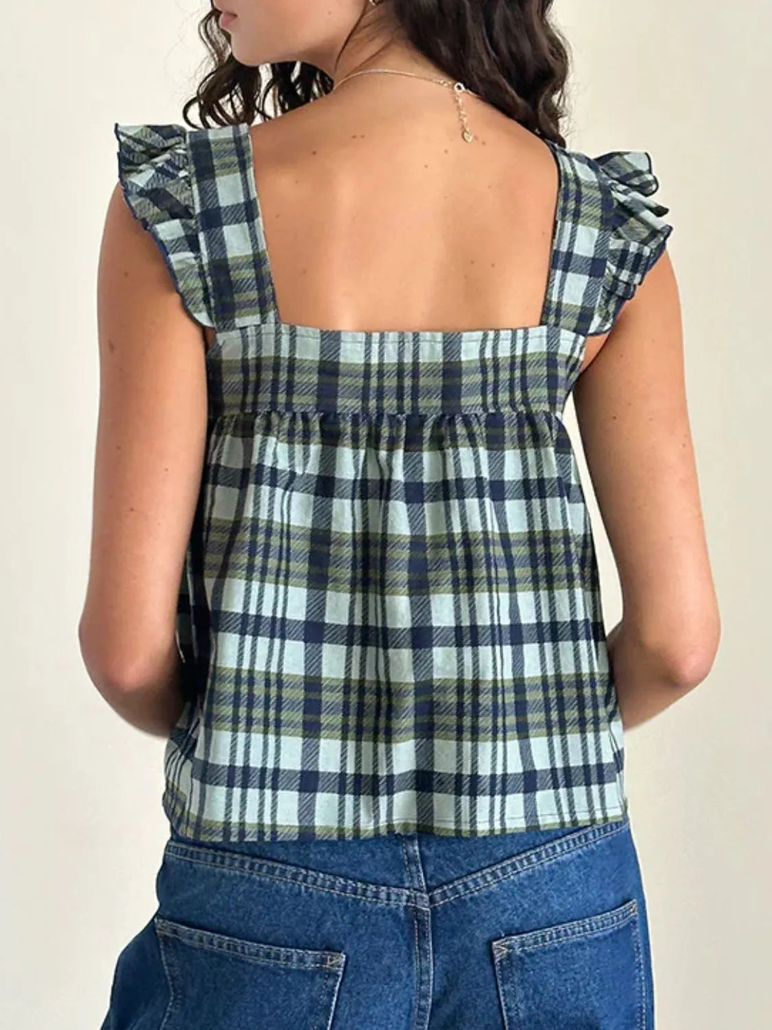Ruffled Plaid Square Neck Tank OutfitFlow