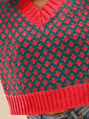 SO ME Color Block Textured Christmas Sweater V Neck Top OutfitFlow