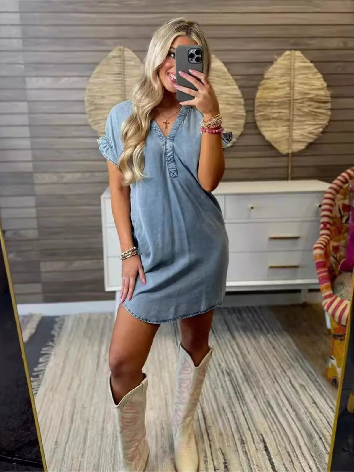 Full Size V-Neck Short Sleeve Denim Dress Plus Size Blue OutfitFlow
