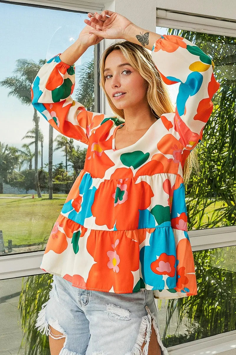 BiBi Floral Woven Tiered V Neck Top Trendsi