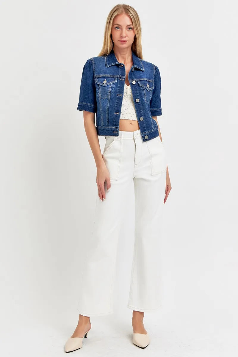 RISEN Puffed Short Sleeve Crop Denim Jackets OutfitFlow