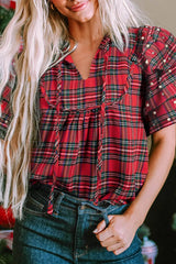 Plaid Pearl-Embellished Tie Neck Blouse Scarlet Trendsi
