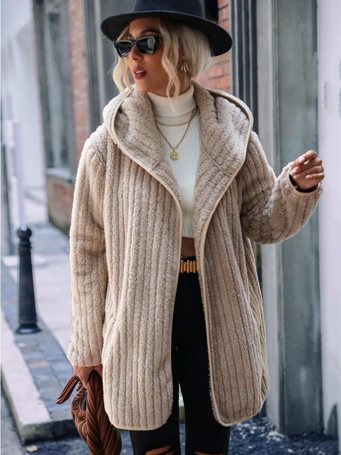 Open Front Ribbed Hooded Coat Sand Trendsi