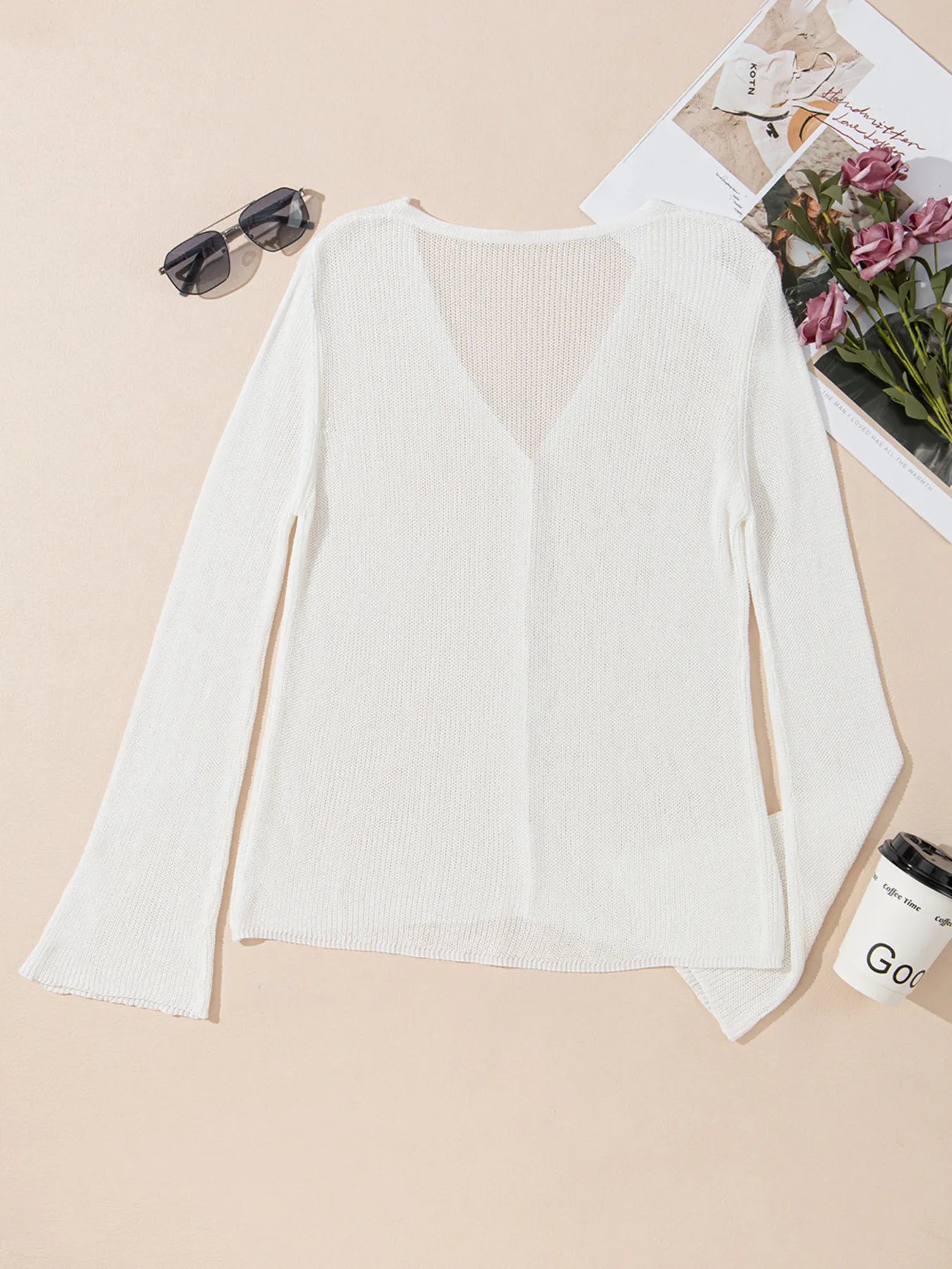 Lightweight V Neck Button Front Bell Sleeve Cardigan OutfitFlow