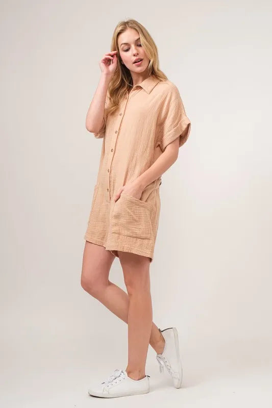And The Why Washed Gauze Roll-up Sleeve Comfort Utility Romper OutfitFlow