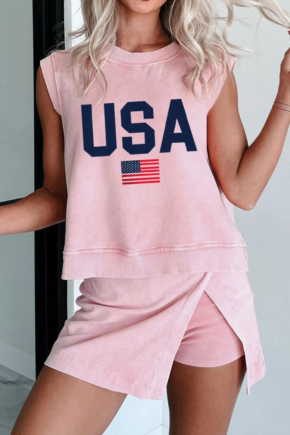 USA Round Neck Tank and Shorts Set OutfitFlow