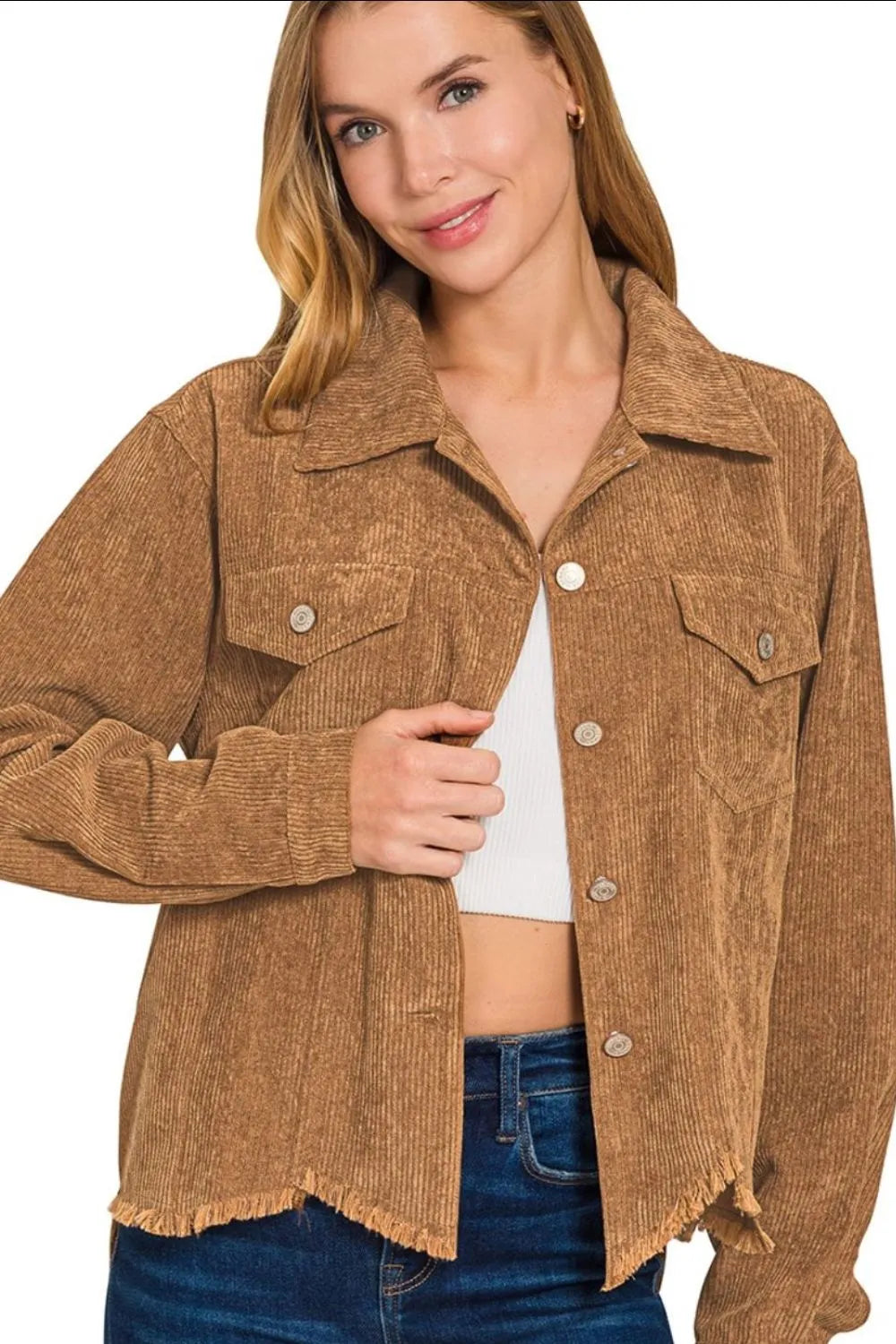 Zenana Distressed Corduroy Frayed Hem Cropped Jacket OutfitFlow