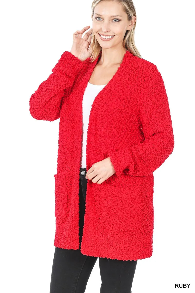 Zenana Long Sleeve Popcorn Sweater Cardigan with Pockets RUBY Trendsi