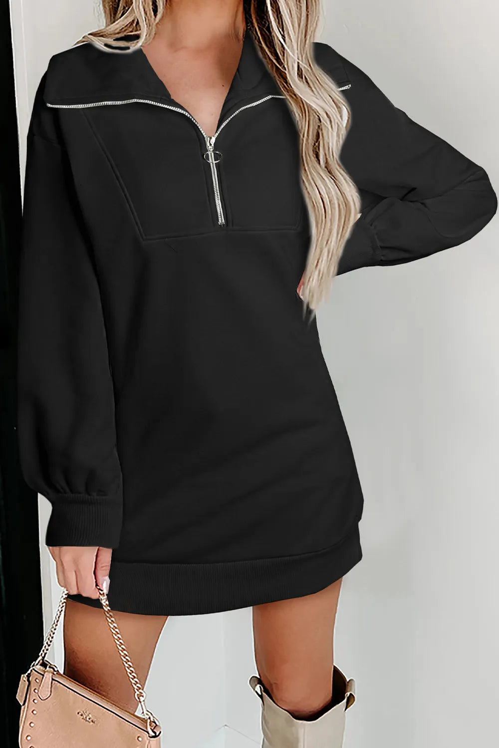 Half Zip Dropped Shoulder Mini Sweatshirt Dress Black OutfitFlow