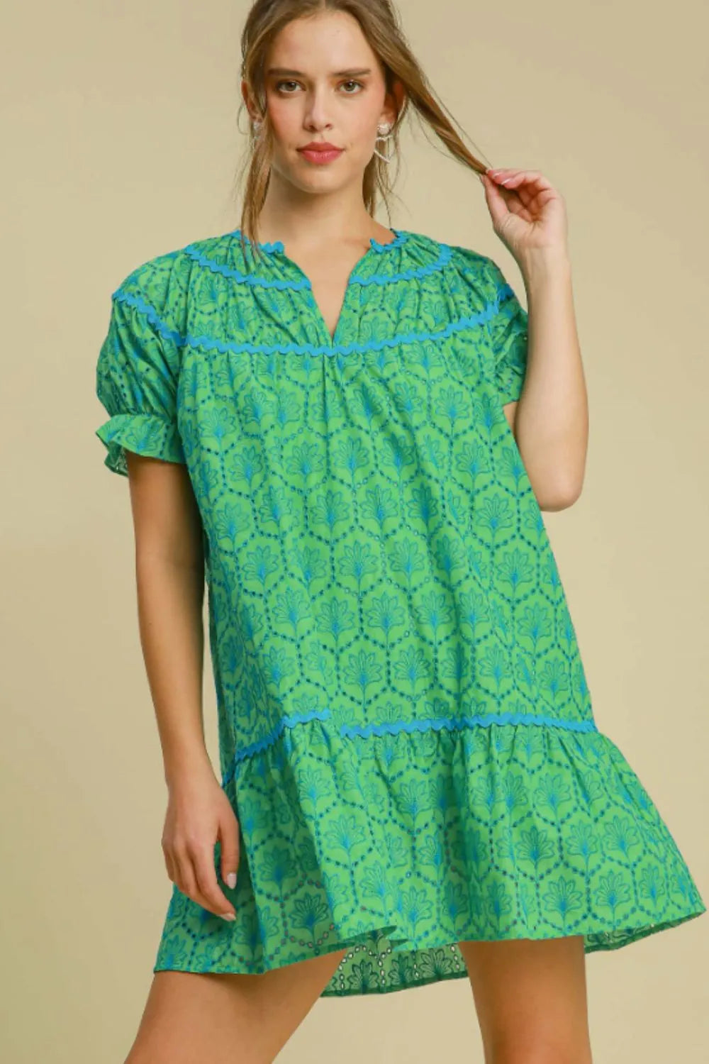 Umgee Full Size Eyelet Mini Dress With Ric Rac Trim Plus Size OutfitFlow