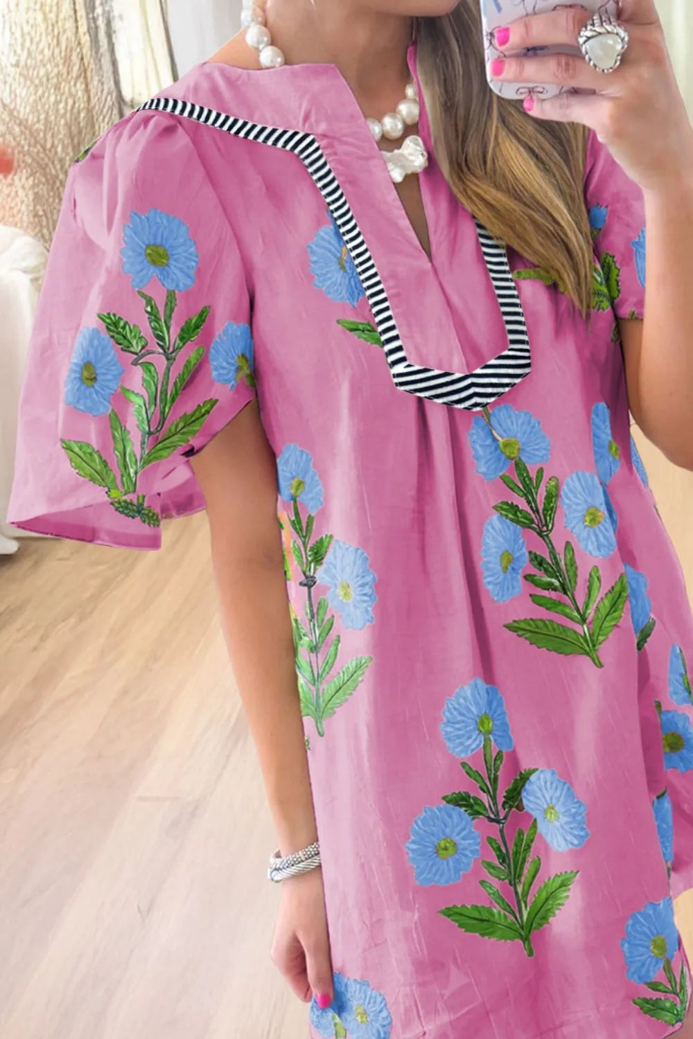 Floral Notched Summer Mini Dress with Striped Trim OutfitFlow