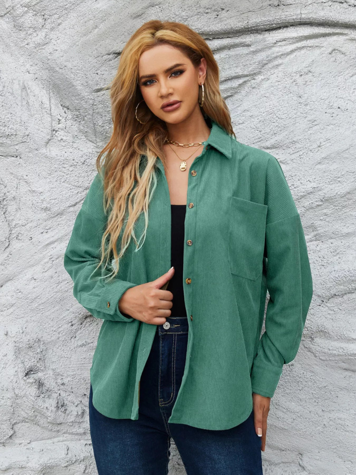Corduroy Button-Up Shirt Peacock Green OutfitFlow