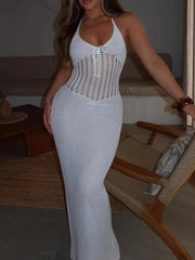 Openwork Halter Neck Sweater Maxi Dress OutfitFlow