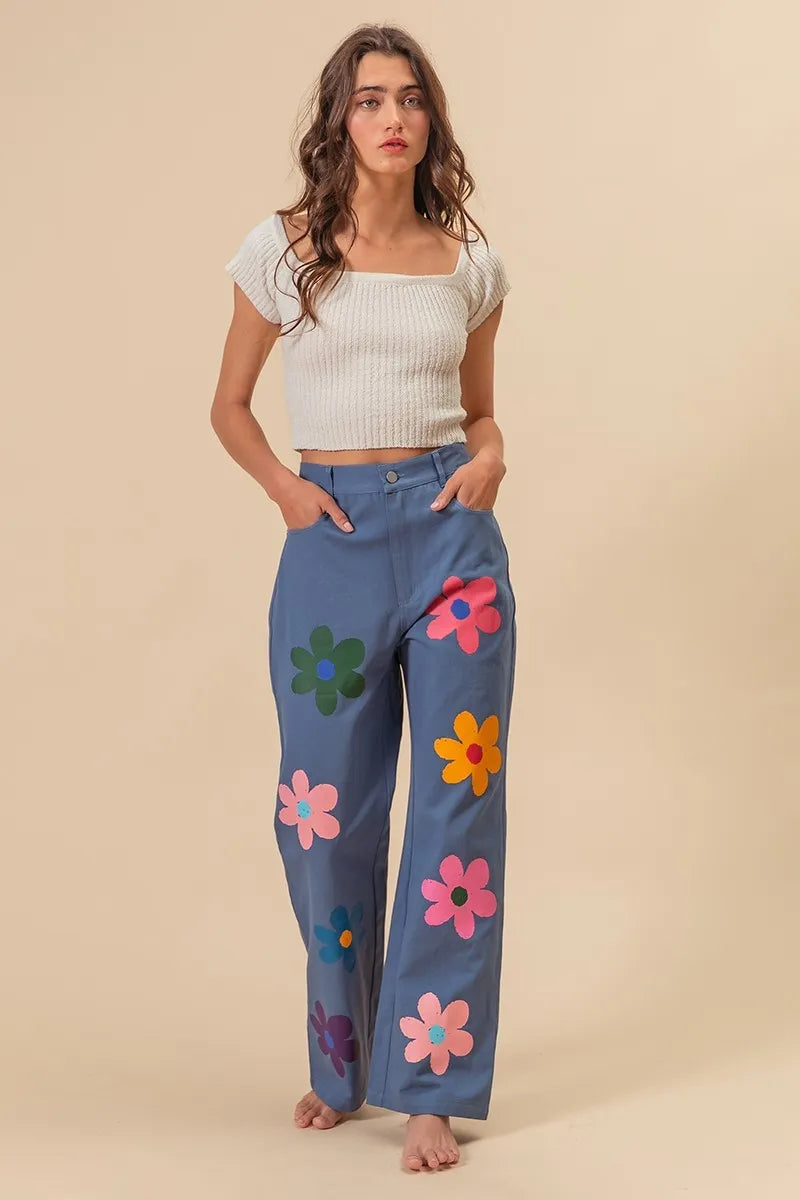 BiBi Flower Print Straight Legs Pants OutfitFlow