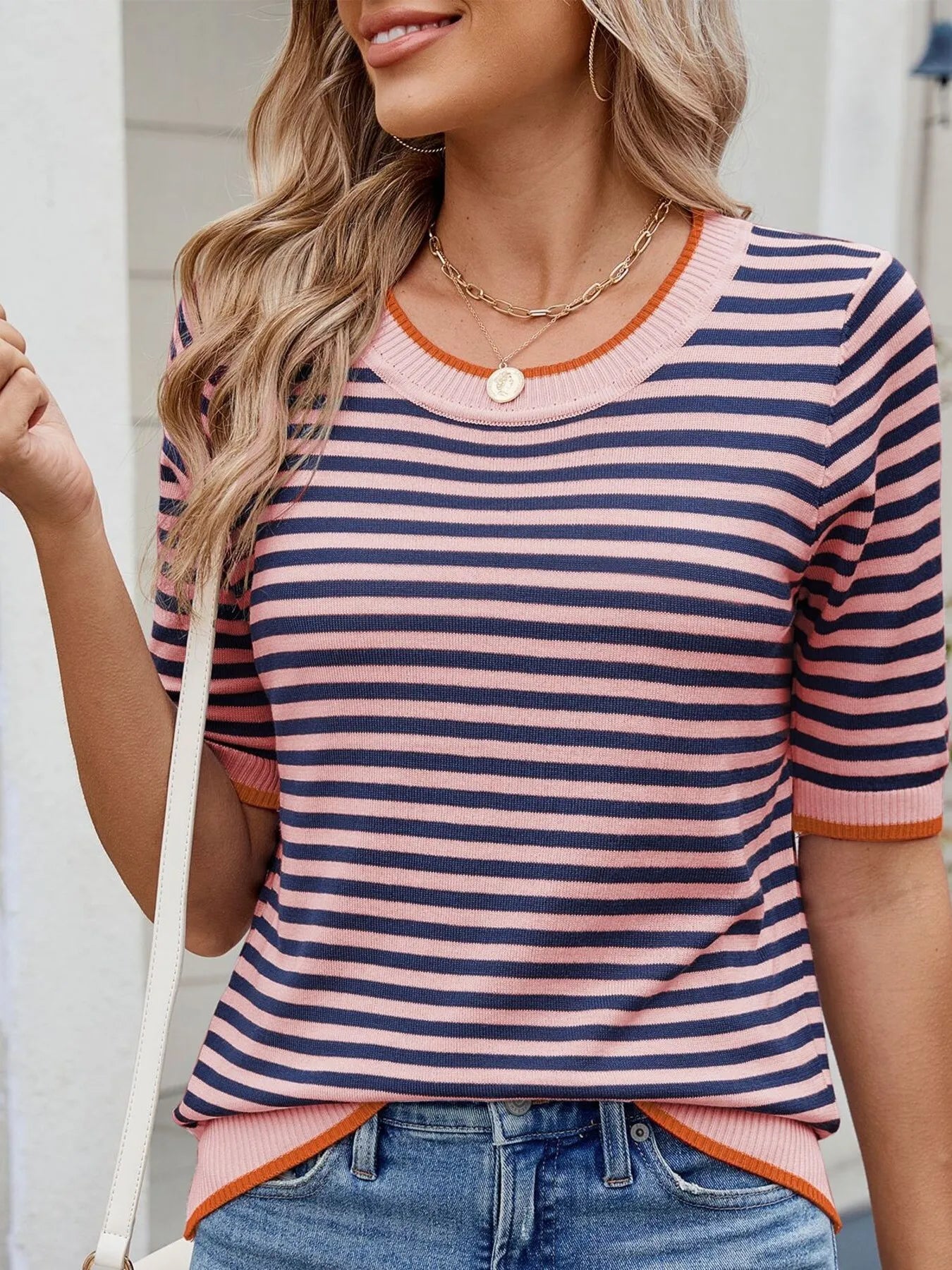 Striped Casual T-Shirt with Contrast Trim OutfitFlow