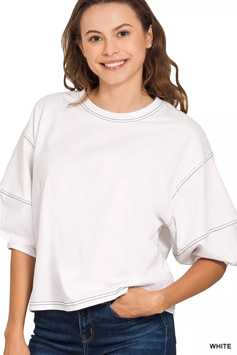 Zenana Balloon Sleeve Top with Contrast Stitching WHITE OutfitFlow