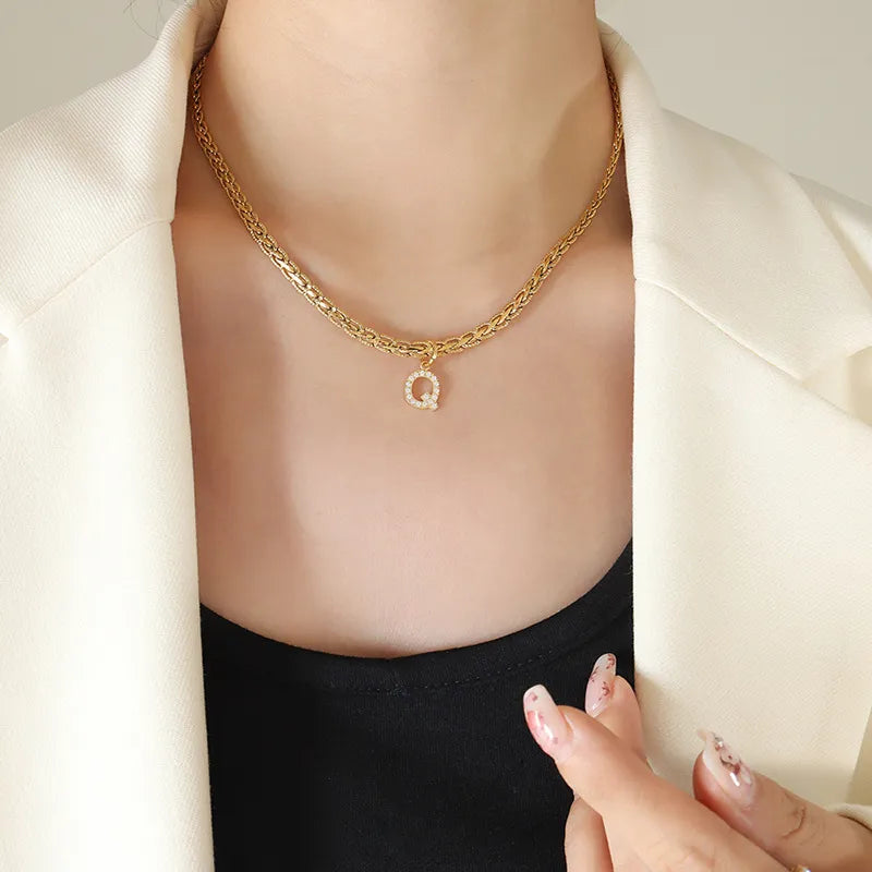 Brass Inlaid Zircon Letter Pendant Necklace Style Q One Size OutfitFlow