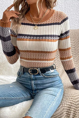 Stripe Stylish Pattern Knitted Ribbed Trim Slim Sweater Stripe OutfitFlow